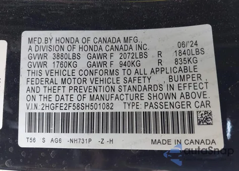 2025 Honda Civic Sport from USA, damaged, VIN 2HGFE2F58SH501082